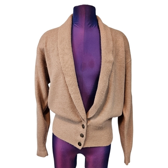 May On Tan Angora Wool Blend‎ Draped Neck Cardigan Size Large Women's - Picture 1 of 8